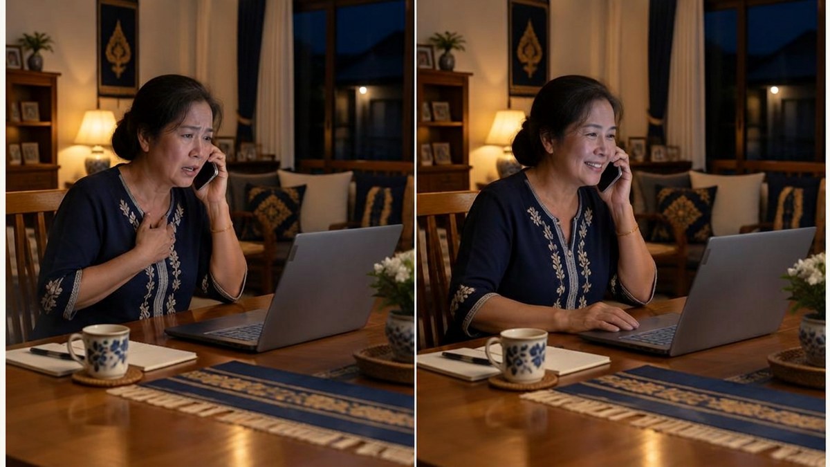 ภาพจำลองหญิงไทยสูงวัยโทรขอความช่วยเหลือกลางคืน ข้างโน้ตบุ๊กที่หันฝาหลังเข้าหากล้อง